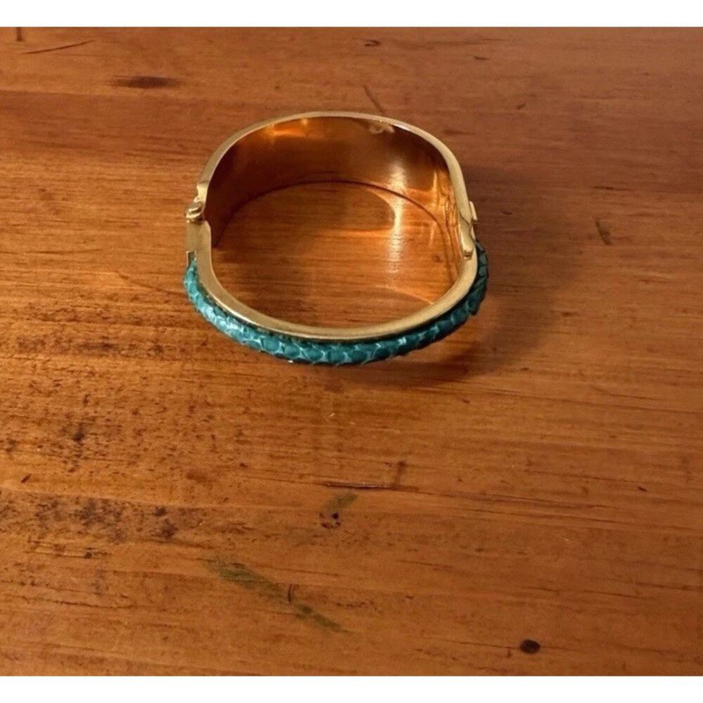 Gold Tone Hinged Cuff Bracelet with Turquoise Inlay Bohemian Statement Preowned - Picture 2 of 16